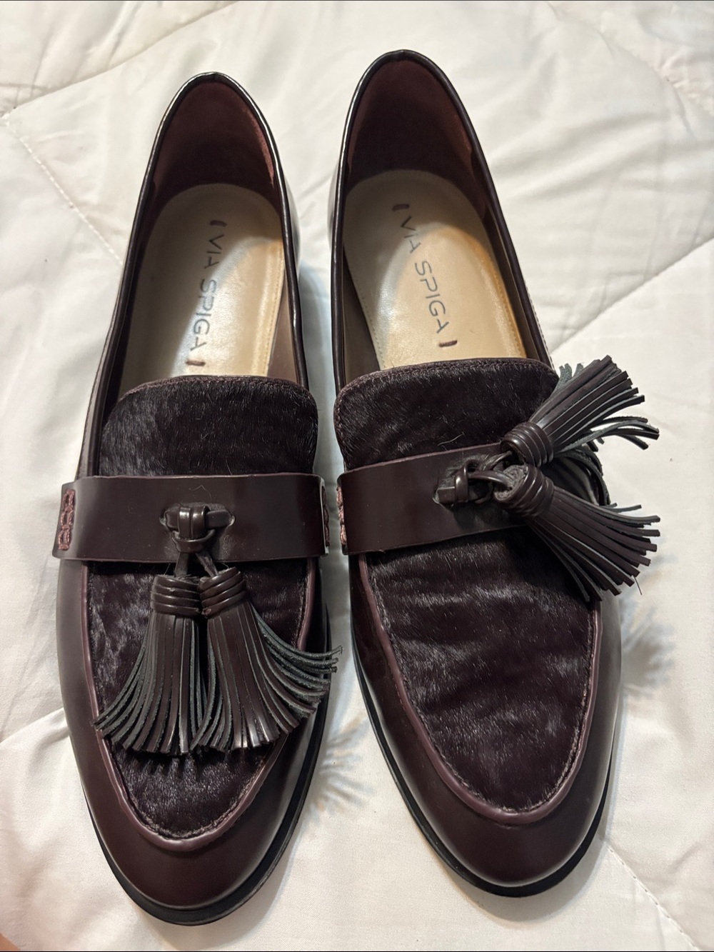 Via Spiga women’s Dark Brown Tassel Loafers with Haircalf Panel